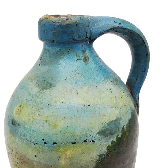 Antique Hand Painted Ceramic Jug Folk Art Landscape Pitcher Stoneware Primitive - Picture 10 of 10